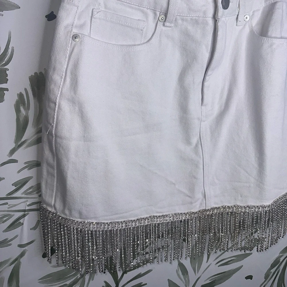 BLANK NYC White Denim Fringe Rhinestone Mini Skirt - Picture 5 of 8